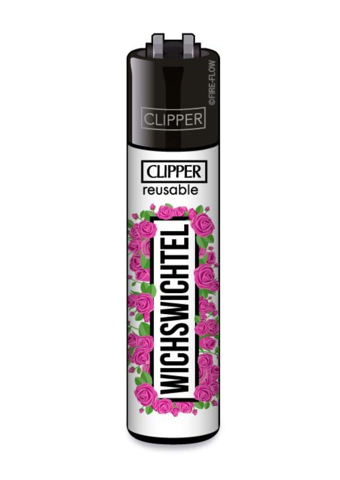 Ein nachfüllbares black and white clipper feuerzeug mit pinken rosen und gothischem wichswichtel schriftzug für dark fashion fans